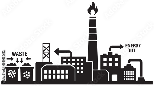Waste-to-Energy Plant Silhouette With Arrows And Flame, Black Solid Vector Icon For Energy Recovery And Waste Management
