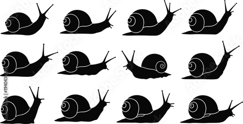 Snail vector illustration set, black silhouette designs with spiral shells and extended antennae, creative design resource for nature, biology, and educational themes