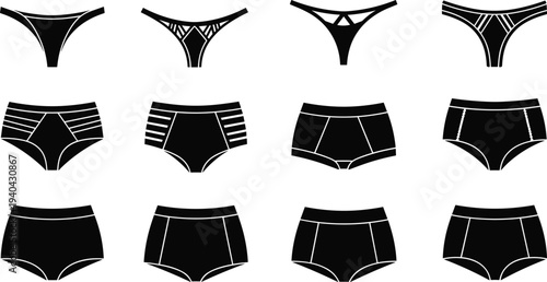 Women’s underwear vector illustration set, black silhouette lingerie designs including thongs, briefs, and high-waisted styles, creative fashion resource for clothing, retail, and design themes