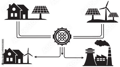 Smart Grid System Diagram Connecting Homes And Solar Panels, Black Solid Vector Network Illustration For Distributed Energy And Home Integration