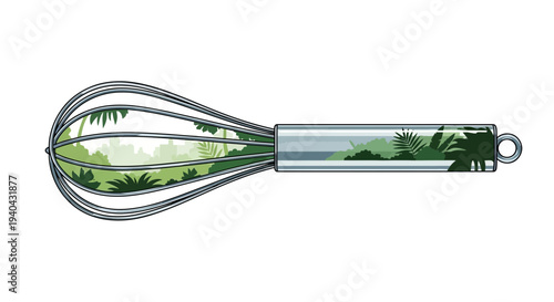 A kitchen whisk blending lush green forest foliage, representing organic culinary concepts.
