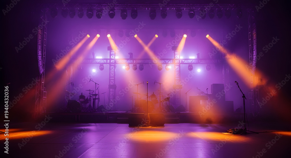 Naklejka premium Empty concert stage illuminated by dramatic purple and orange spotlights creating a vibrant atmosphere ready for a performance