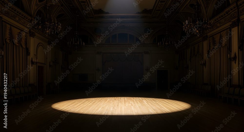 Obraz premium Empty grand ballroom with a single spotlight illuminating the wooden floor creating an atmosphere of anticipation and dramatic performance readiness