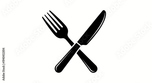 A black fork and knife crossed over each other on a white background