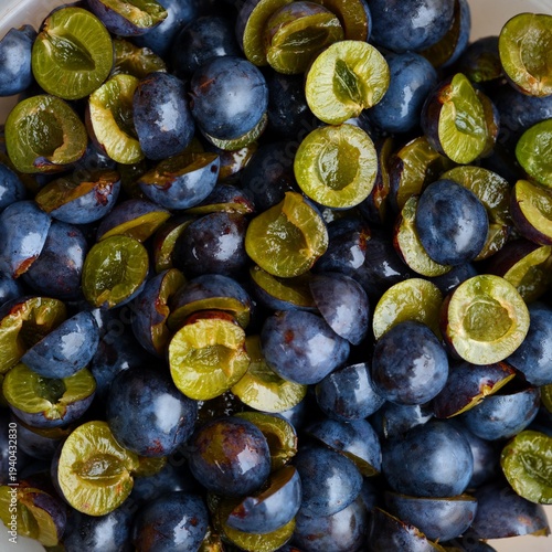 A pile of fresh halved sloe berries