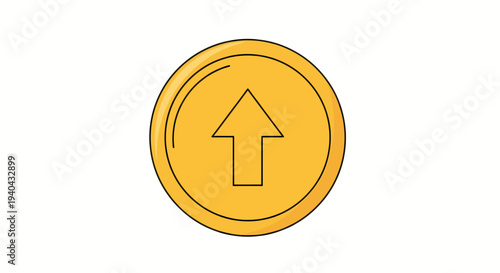 A gold coin with an upward arrow in the center on a white background