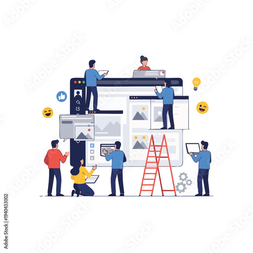 Team of people building and optimizing a website interface.