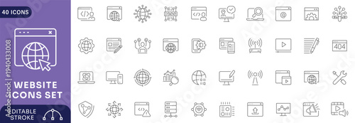 Website icon set. Contain icons related to Containing web design, content, SEO, internet, hosting,  blog, homepage, e-commerce, Etc. Fully Editable. Vector illustration.