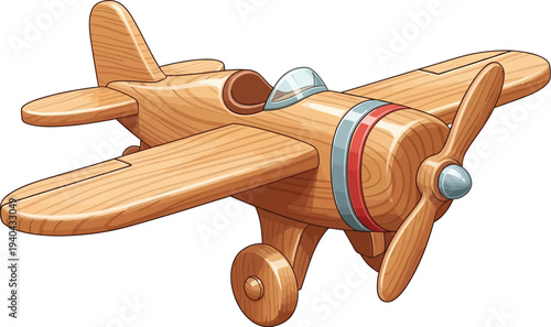 A wooden toy airplane with a red and blue stripe sits on a white background.