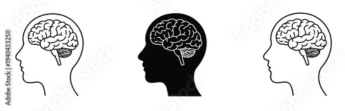 Human, head with brain outline and solid silhouette icon set, cognitive thinking and mental health concept, editable vector illustration isolated on transparent background.