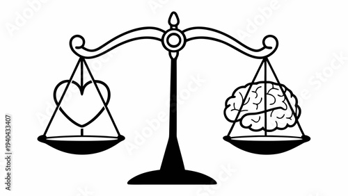 Black and white line art depicting a perfect balance between heart and brain symbols on a scale
