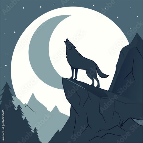 Wolf howling at the moon in a dark night sky silhouette vector illustration