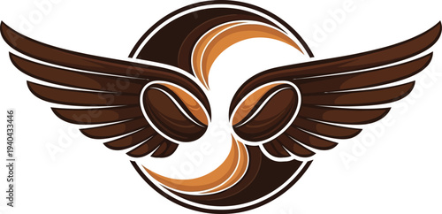 A stylized logo featuring coffee beans with wings on a circular background
