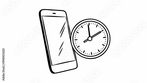 A simple hand-drawn illustration showing a smartphone next to an analog clock.