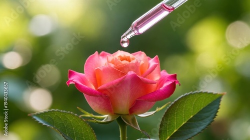 Close-up of dewy pink rose with water droplet against green bokeh background.
