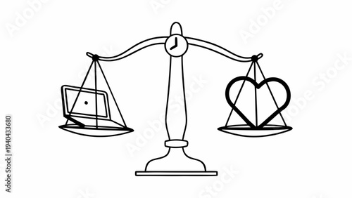 A minimalist drawing of a balance scale with a laptop and heart symbolizing work-life balance