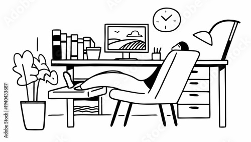 A person takes a relaxing break from work at their desk with their feet up
