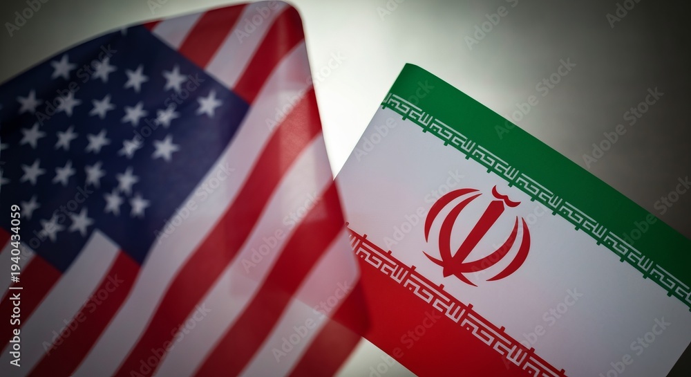 Fototapeta premium Flags of Cooperation USA and Iran Flags Together Symbolizing Hope for International Relations