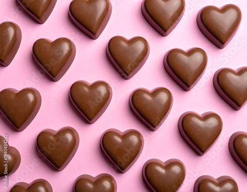Rows of chocolate heart candies arranged on a light pink surface