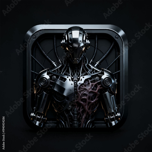 3D vector illustration of a square icon located in the center of the game interface, a dark gothic style of a cyborg, a complex structure of biomechanical elements and dark chrome.