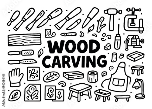 Woodworking icons with chisel mallet apron handdrawn