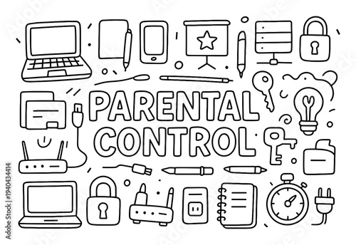 Parental control icons with laptop lock key outline minimal