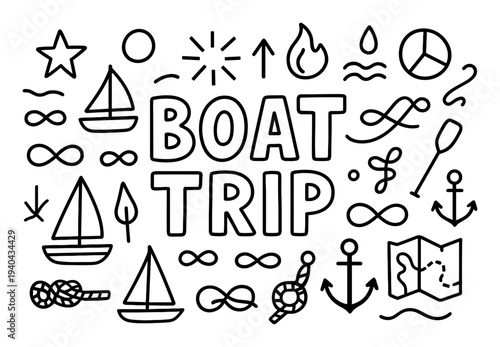Nautical icons with sail anchor paddle outline doodle