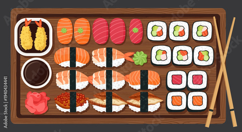 Assortment of Sushi and Sashimi on Wooden Platter with Chopsticks