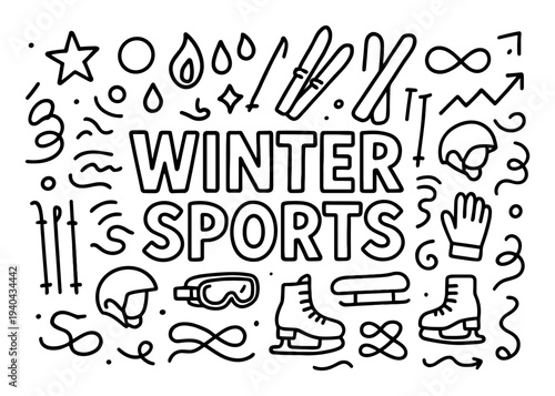 Winter sports icons with skates skis outline