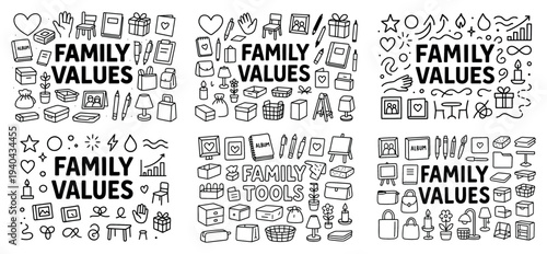Family icons with heart gift photo doodle