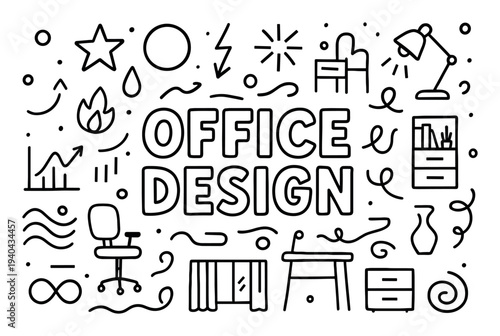 Office icons with chair desk lamp outline minimal