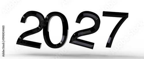 Black glossy 3D rendered text '2027' on a bright white background. Ideal for future, new year, planning, time, and antic