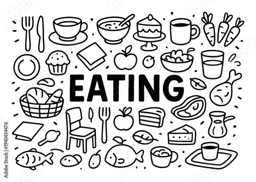 Food icons with apple fish cake cup outline