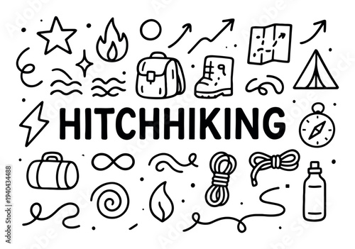 Outdoor hitchhiking icons with backpack boot map outline style