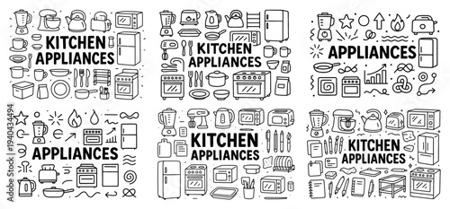 Kitchen icons with refrigerator oven mixer outline