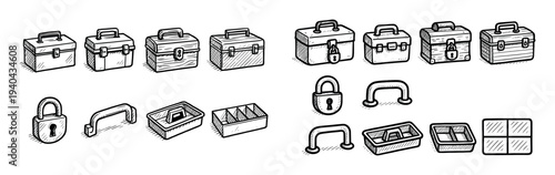Toolbox icons with lock handle and tray sketch