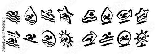 Water activity icons with swimmer wave sun minimal