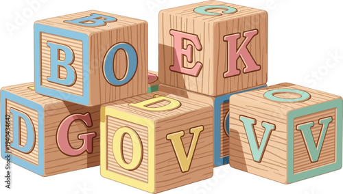 A stack of colorful wooden alphabet blocks on a white background