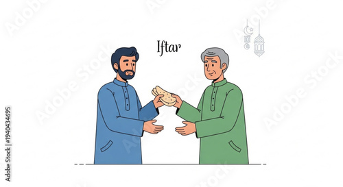 Illustration of two men sharing a package, symbolizing generosity, kindness, and community spirit during a religious observance