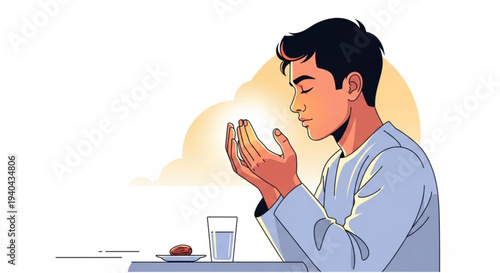 A young man in prayer, with hands clasped together, reflecting devotion and spirituality during a moment of reflection