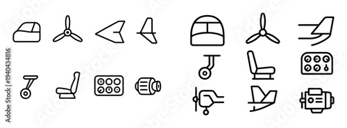 Aviation icons with wing propeller window cockpit outline