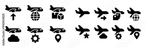Travel icons with airplane globe box silhouette