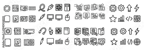 Computer icons with chip fan cable line art