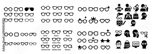 Eyewear icons with glasses frames faces minimal