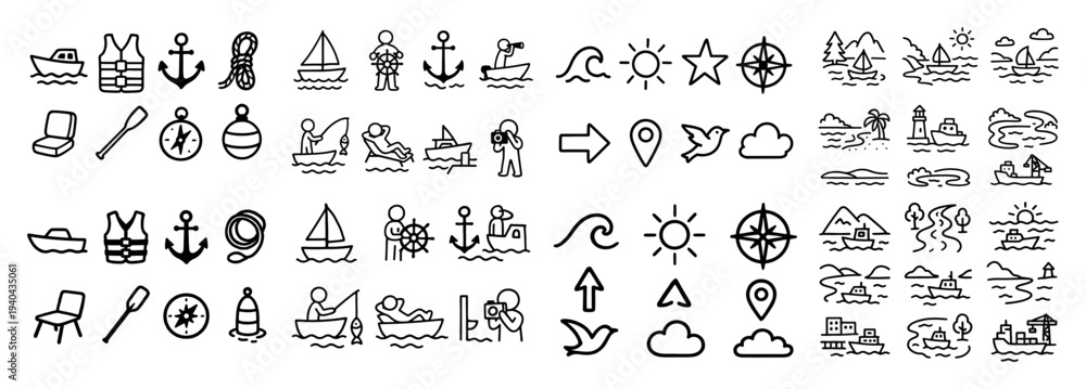 Naklejka premium Nautical icons with boat anchor sail outline