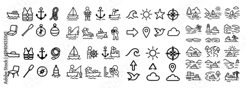 Nautical icons with boat anchor sail outline