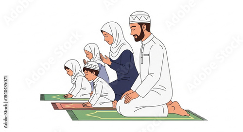 A Muslim family prays together on prayer mats, showcasing devotion and religious unity in their faith