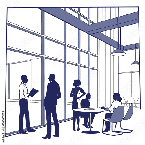 Business people meeting in an office hall and shaking hands near large windows while a team waits in the background