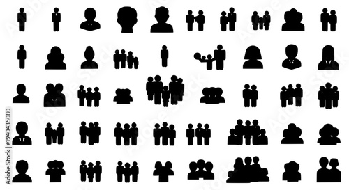 People icons set with various profiles and groups in simple black silhouettes featuring avatars, users, members with