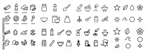 Culinary icons with jar spoon mortar outline